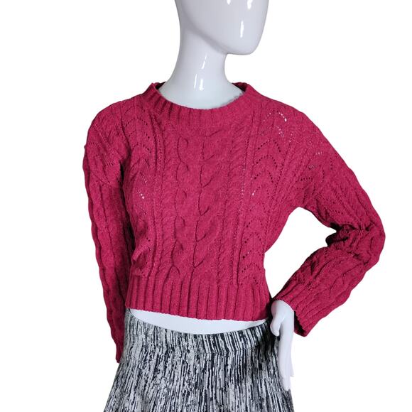 Hippie Rose Chenille Cable Knit Crop Sweater Size Small Raspberry Pink Pullover - Picture 1 of 6